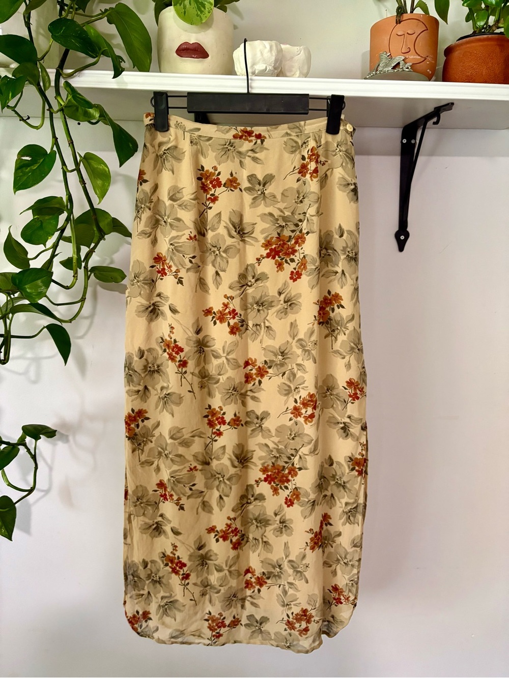 Floral Midi Skirt in Beige with Rust Accents